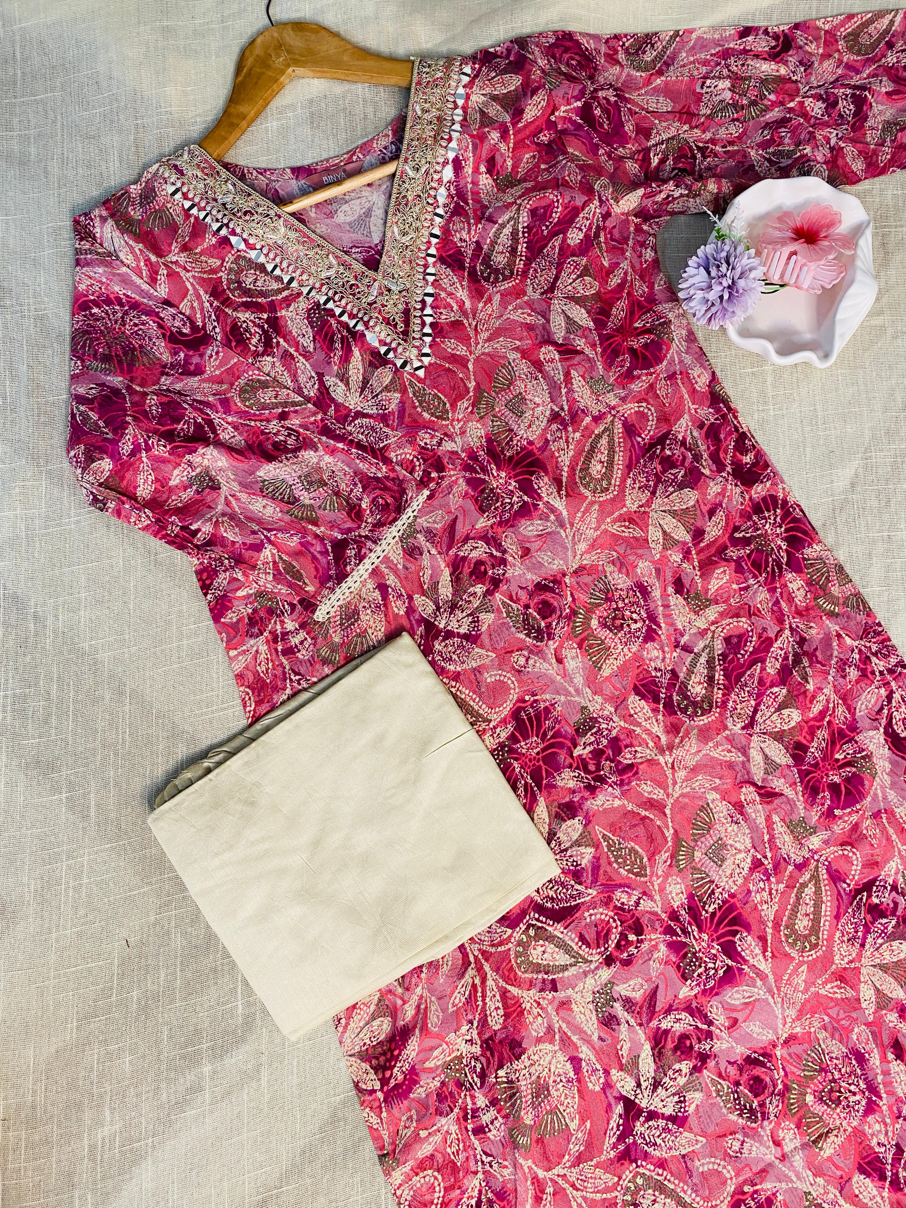 Pink top v neck mirror, cream pants & dupetta