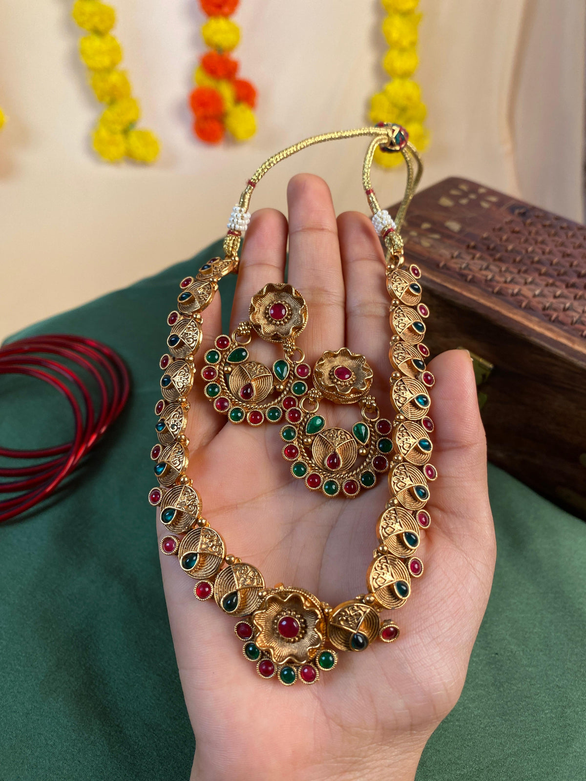 Antique Peacock Leaf Choker Set with Ruby & Emerald Stones (SJ 64)