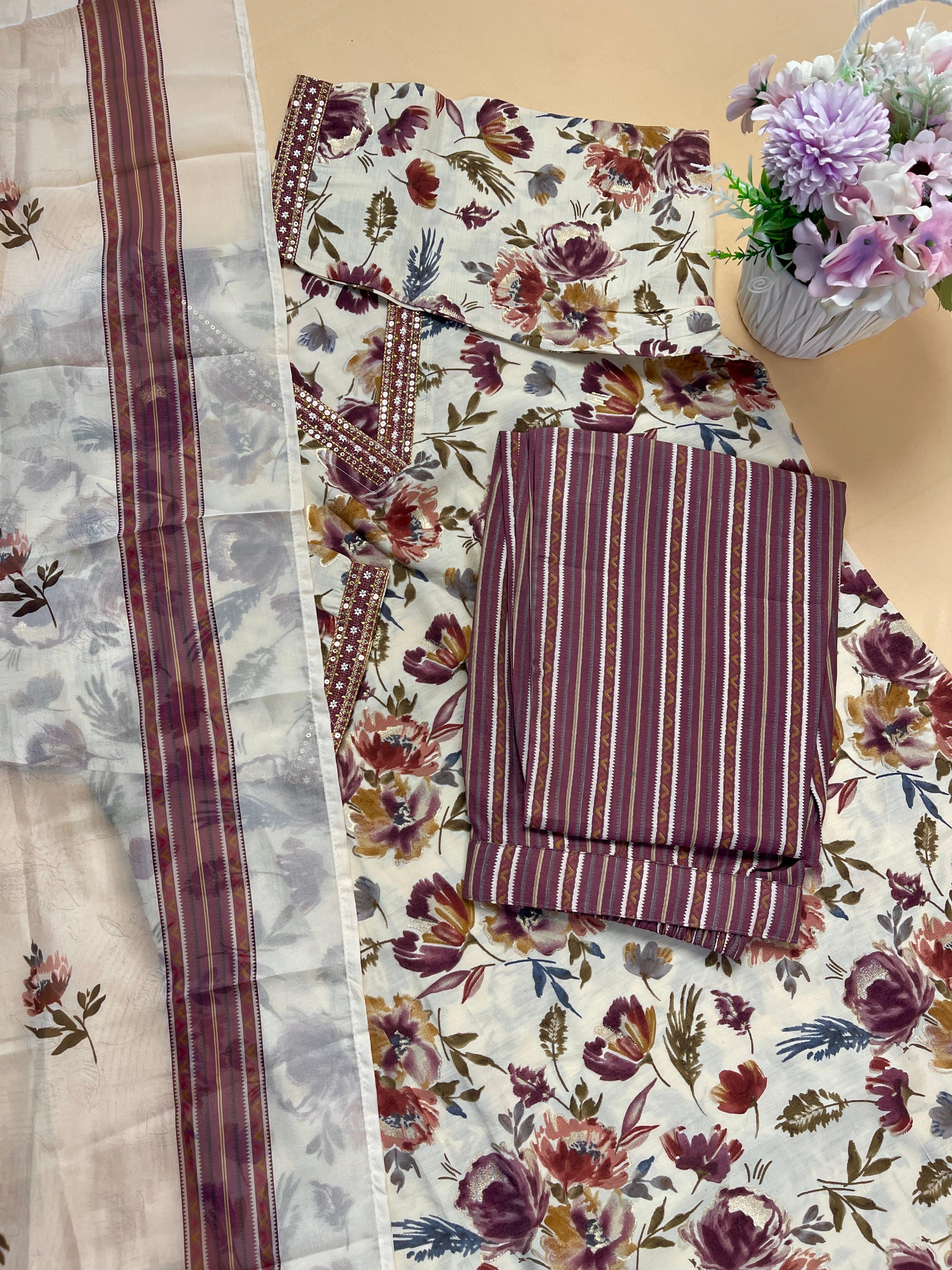 Cream & Brown Floral Print Kurtha Set - SU 73