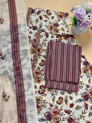 Cream & Brown Floral Print Kurtha Set - SU 73