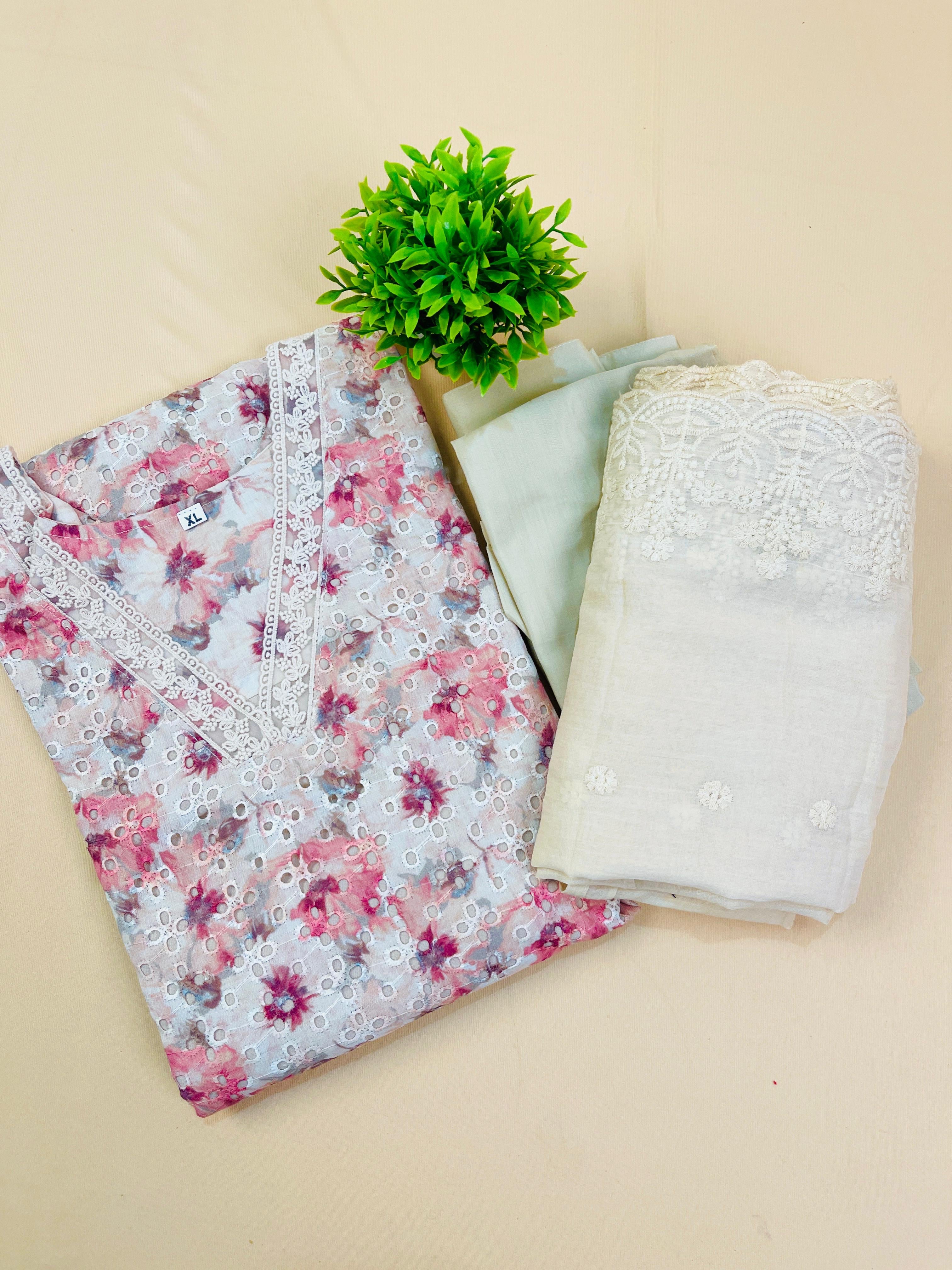 Floral pink cream mix kurta set( including pants & dupatta)