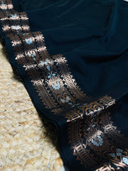 YAMUNA🖤✨BLACK MUL COTTON SAREE WITH COPPER WOVEN BORDER & TASSELS  (SU 813)