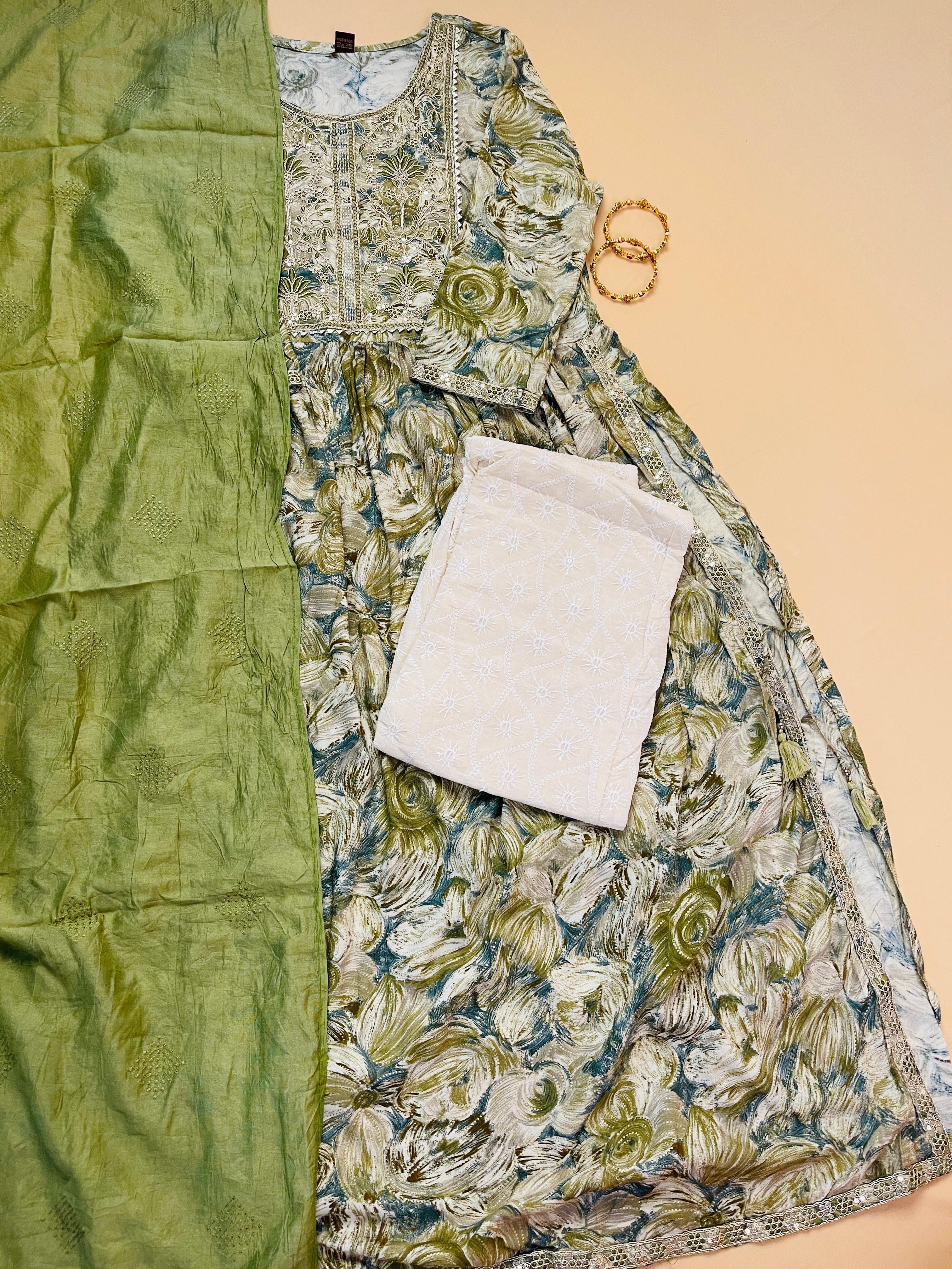 Green kurta set with dupatta(Naira Cut)
