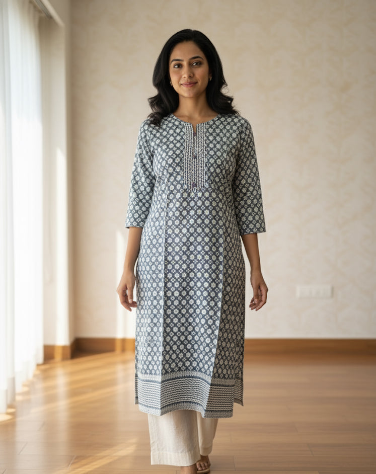 ASH & WHITE EMBROIDERY KURTHI SU- 606