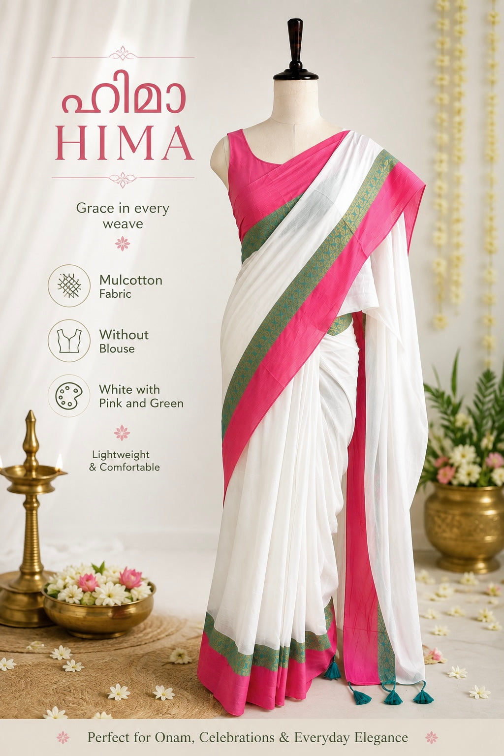 HIMA🩷✨WHITE WITH PINK & GREEN SOFT MUL COTTON SAREE (SU 894)