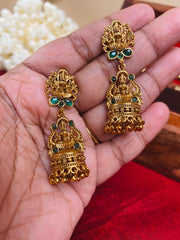 Antique Lakshmi Temple Jhumka Earrings with Green Stones