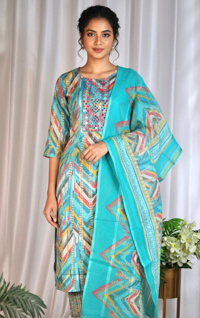 Sky blue Kurthi set with front mirror work (SU 210)