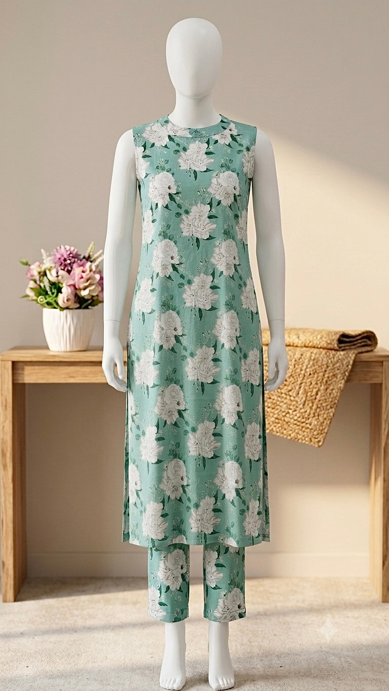Mint Green Floral Cord Set (su 521)