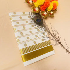 SU 574 Kerala Kasavu Saree with Golden Polka Dots & Border