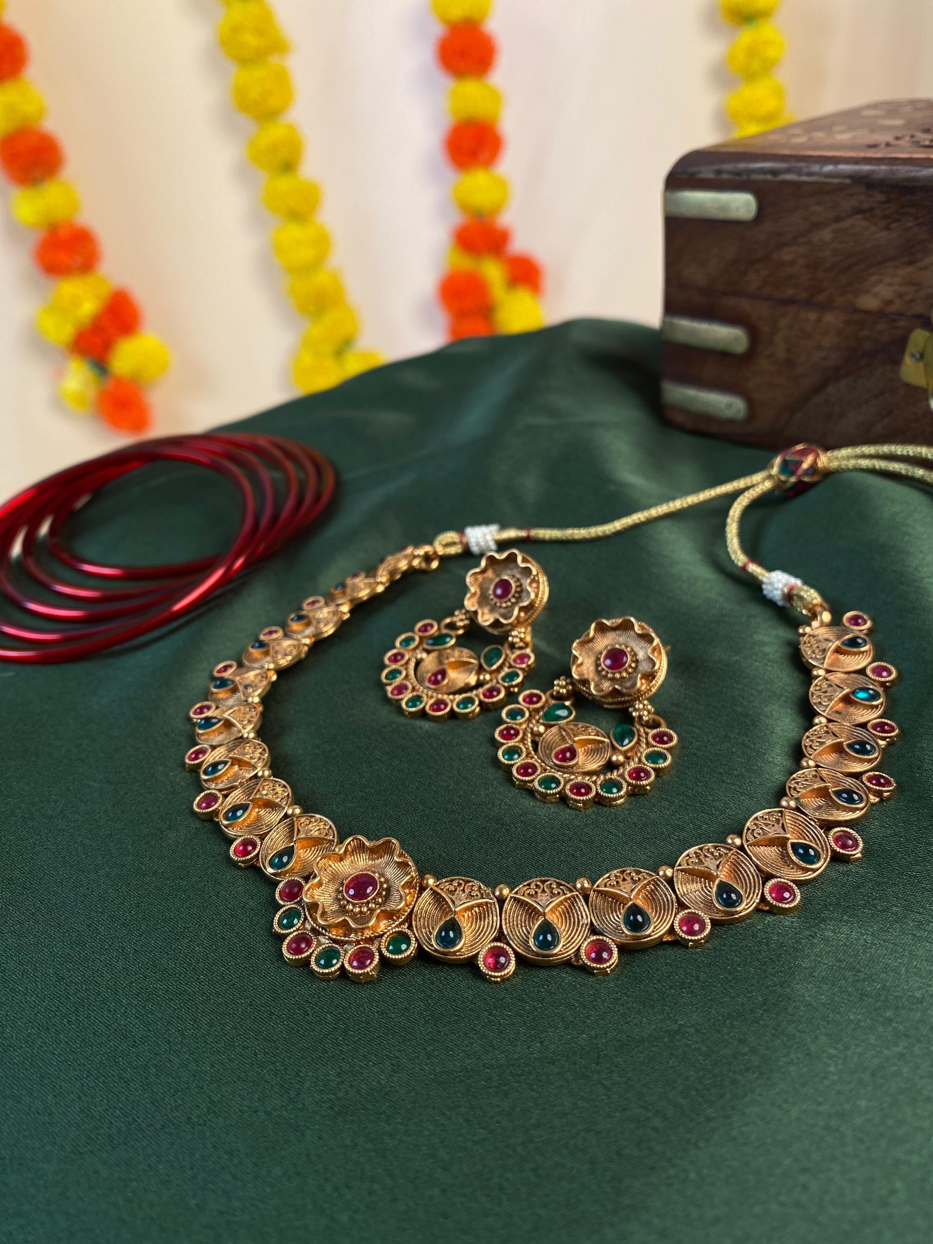 Antique Peacock Leaf Choker Set with Ruby & Emerald Stones