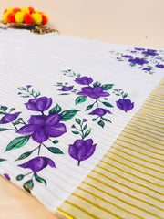 SU 569-Purple Floral Kerala Kasavu Saree with Golden Border