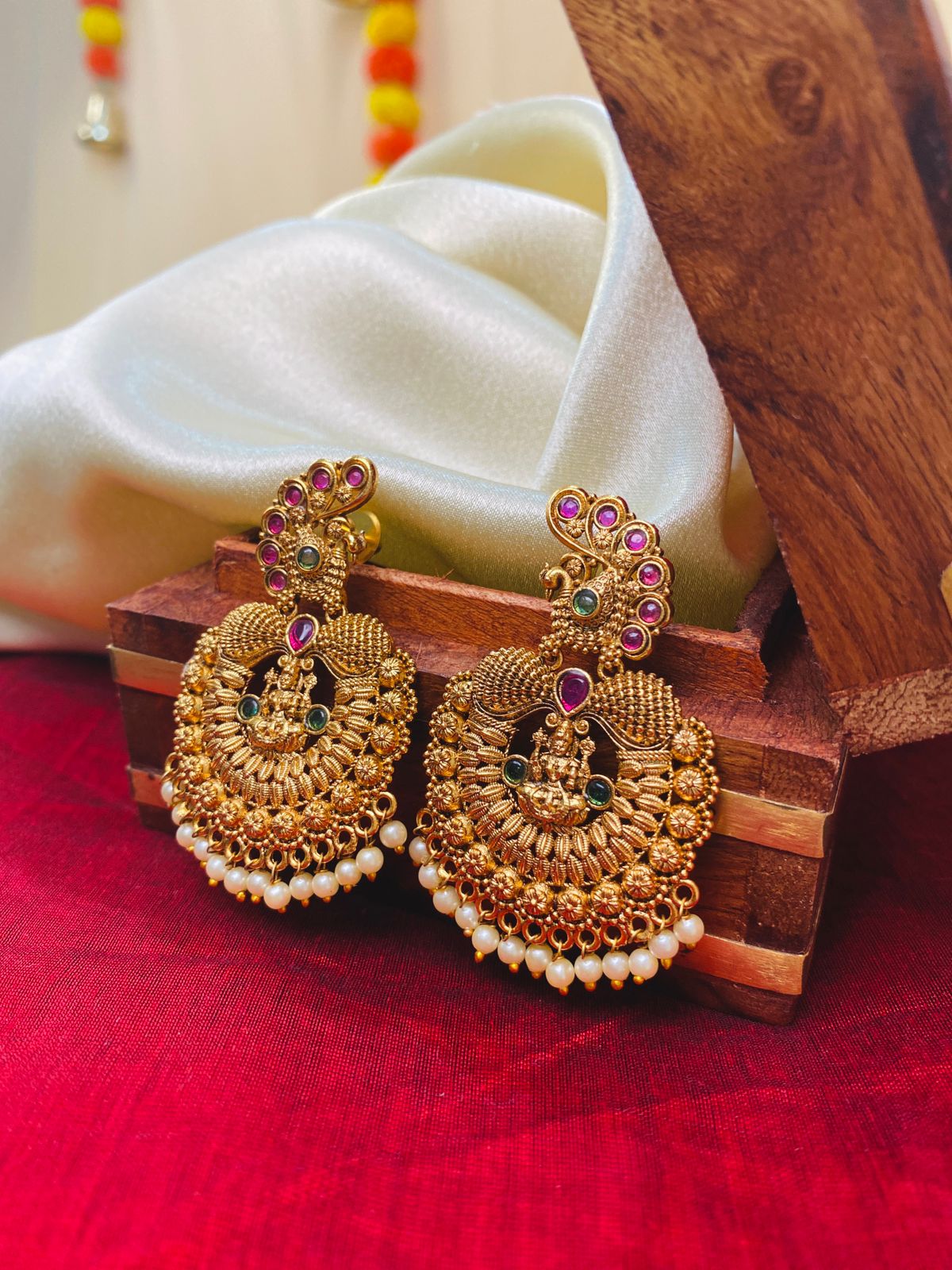 Antique Temple Jhumka Earrings with Peacock & Pearl Detailing
