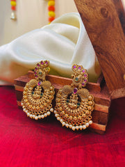 Antique Temple Jhumka Earrings with Peacock & Pearl Detailing
