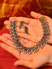 Antique Peacock Motif Oxidized Necklace Set with Beaded Earrings