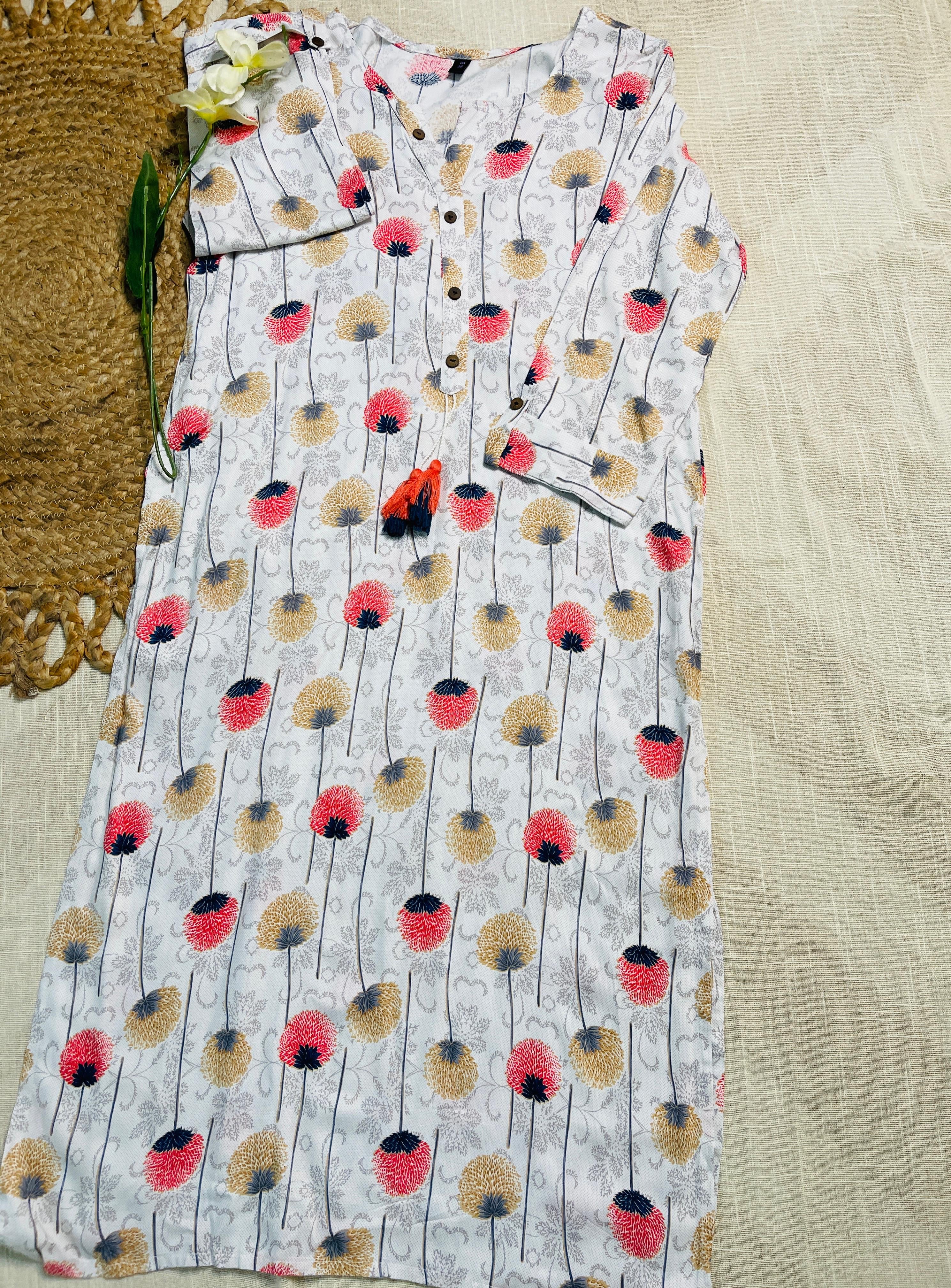 White Kurti Top With Pink & Floral Print