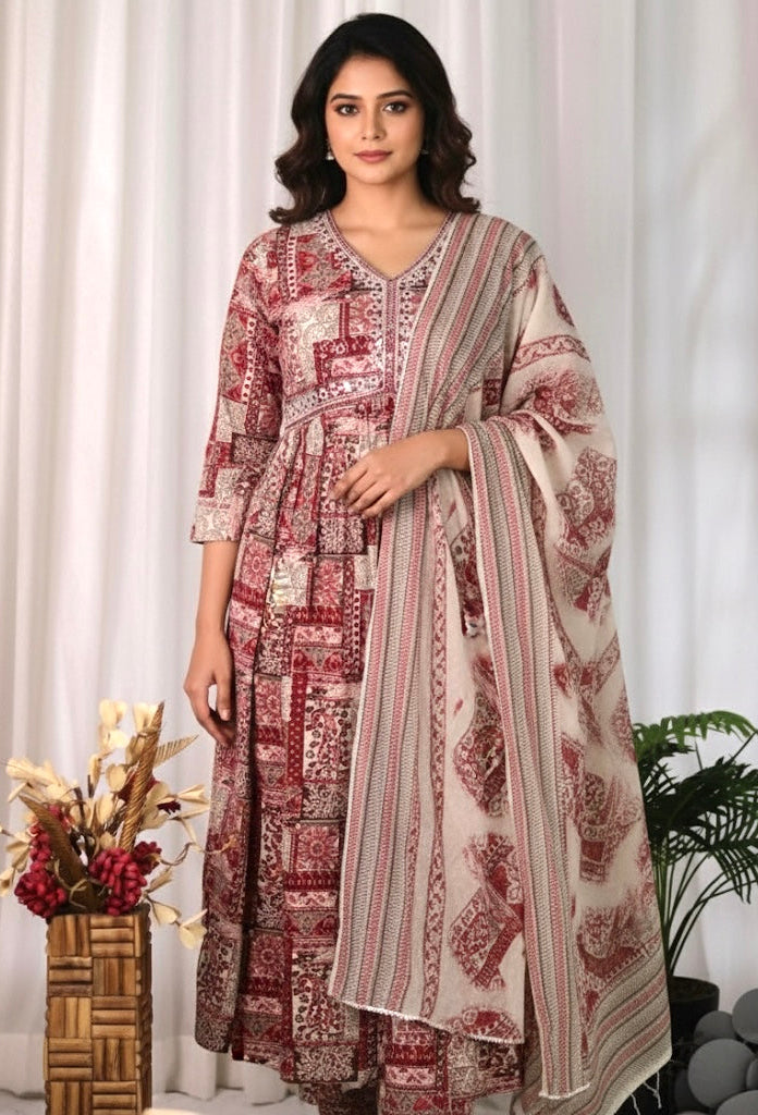 RED ALIA CUT WITH V NECK MIRRIOR WORK ( su 204 )