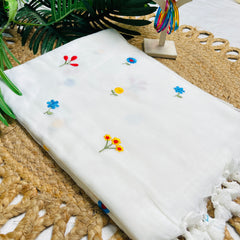 PEARL GARDEN🌸🦋 WHITE WITH COLOURFUL THREAD EMBROIDERY FLORAL SOFT MUL COTTON SAREE(SU 832)