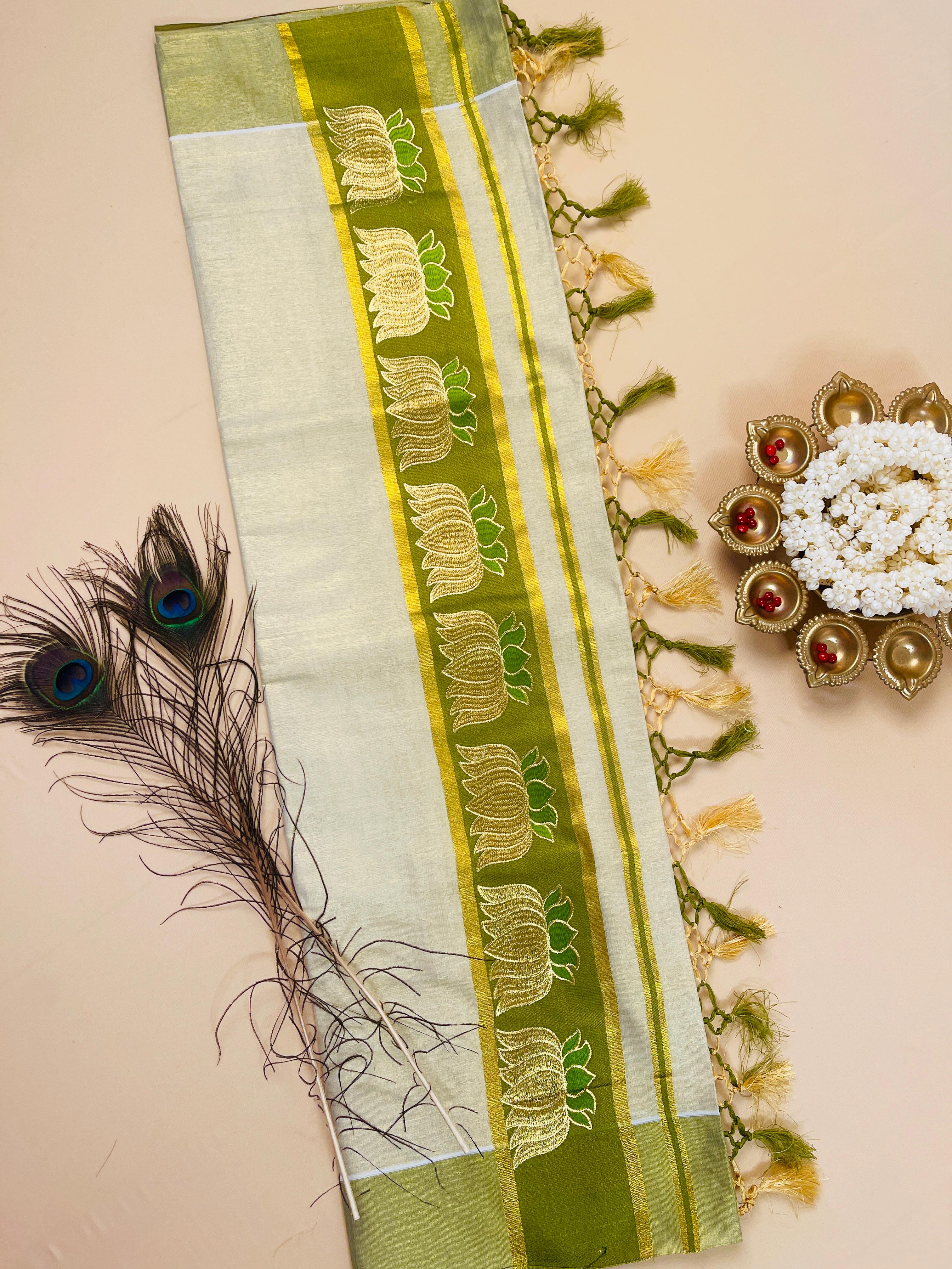 Pista Green Lotus Saree - Elegant Saree