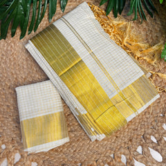 SMALL CHECK PATTERN WHITE COTTON READY TO WEAR SAREE WITH BLOUSE PIECE (SU 878)