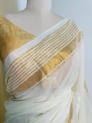 OFF WHITE GOLDEN STRIPES MUL COTTON SAREE (SU 890)