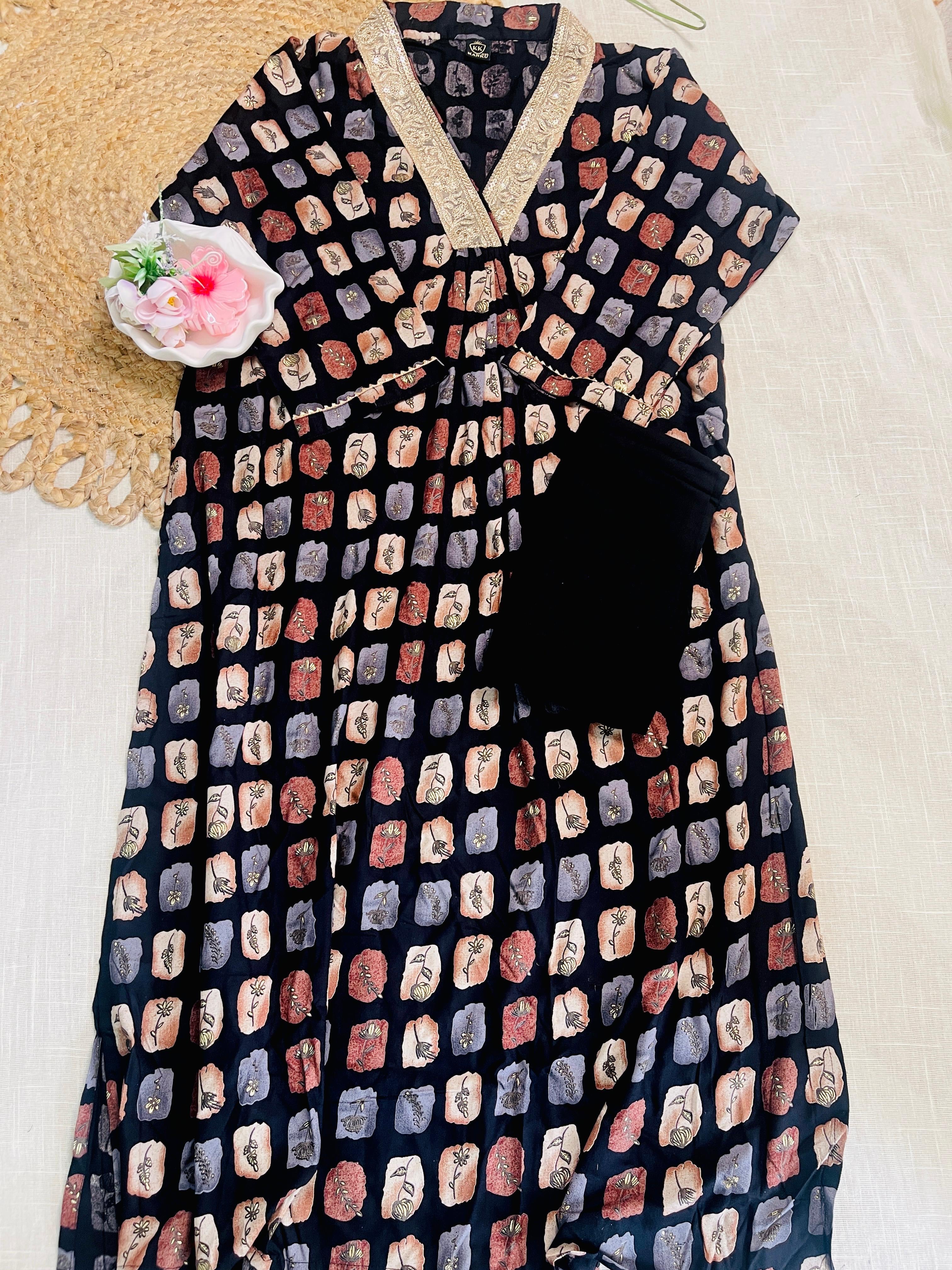 Black kurtha with golden V neck
