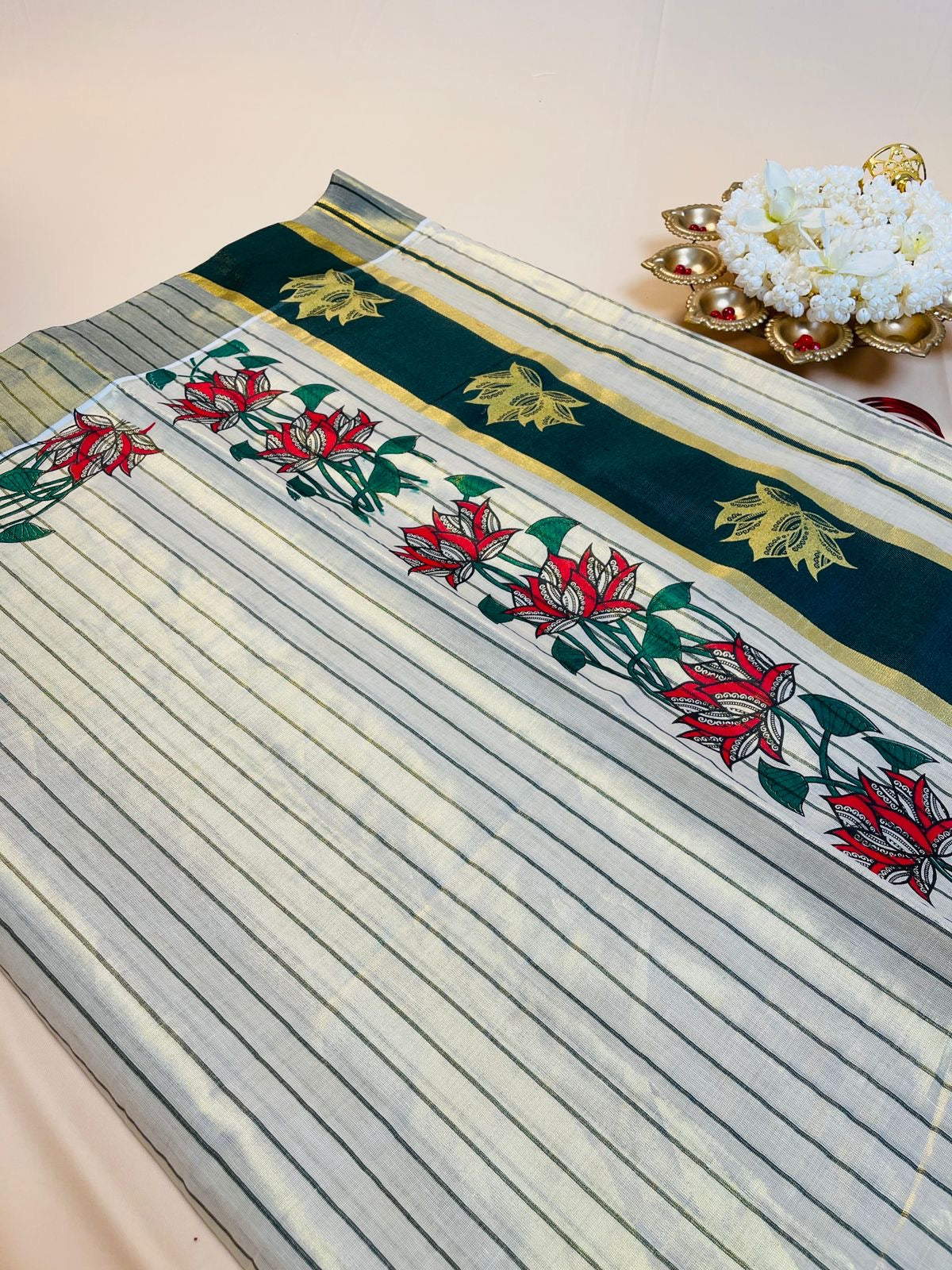 Dark Green Golden Lotus Set Saree