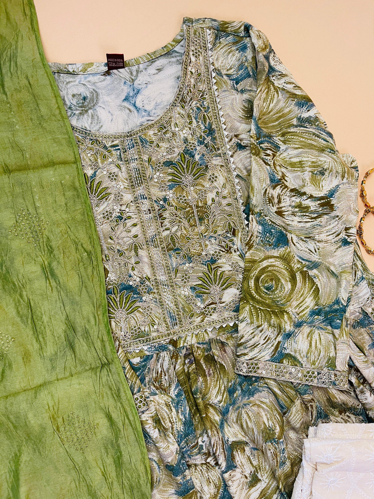 Green kurta set with dupatta(Naira Cut)