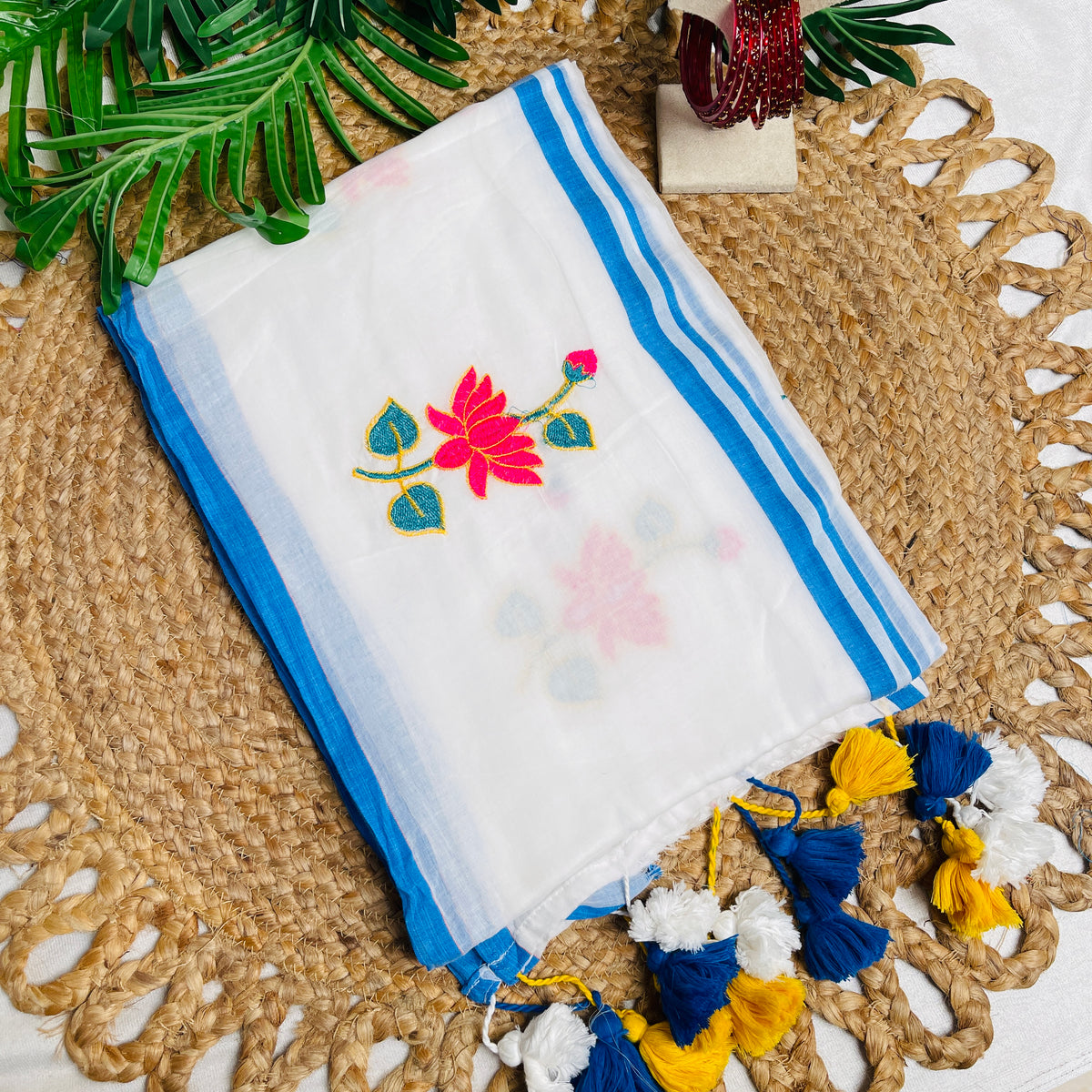 കമലം✨🪷SOFT WHITE MUL COTTON WITH LOTUS EMBROIDERY SAREE (SU 858)