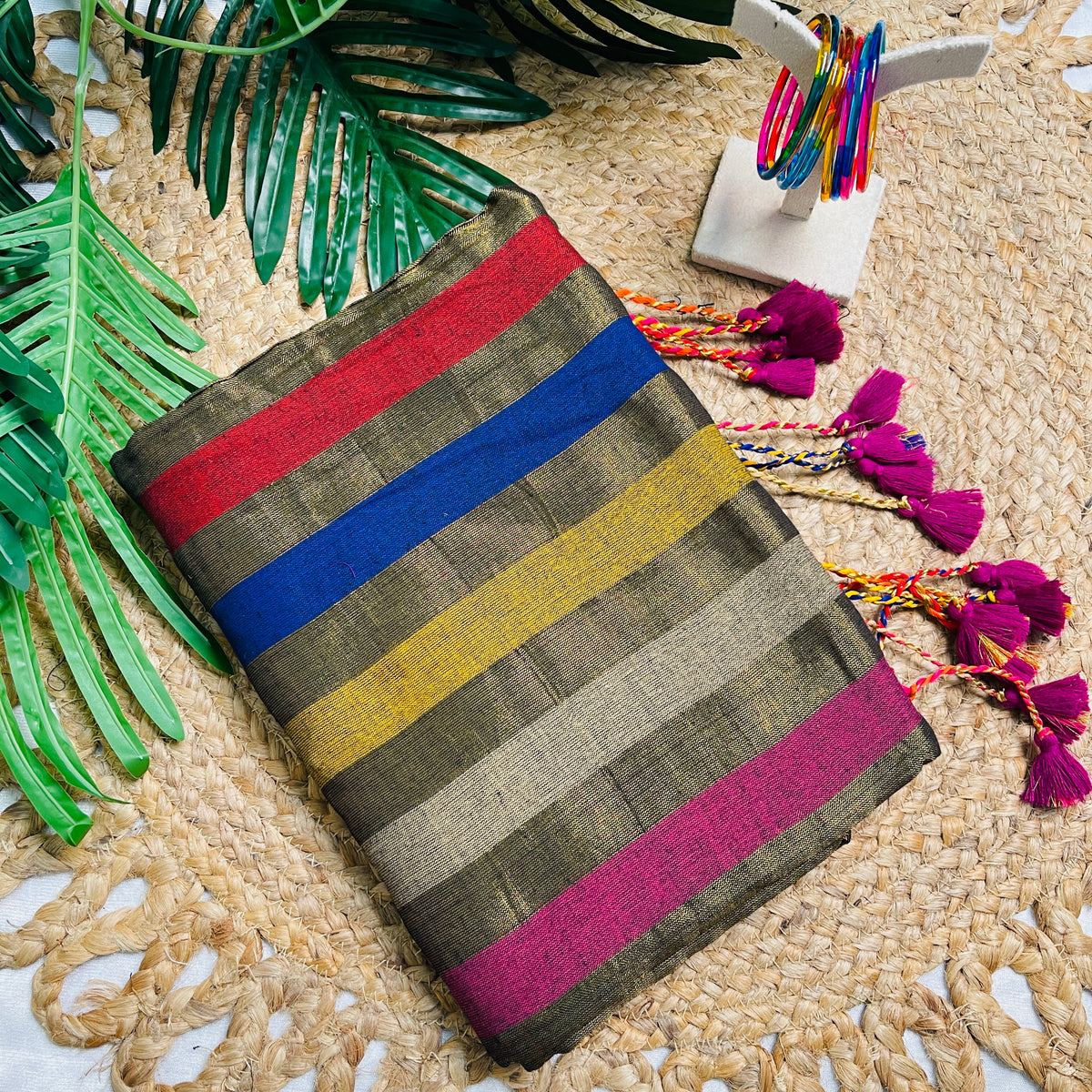 SWARNAREKHA✨🌼COPPER GOLD WITH MULTICOLOURED STRIPES TISSUE SILK SAREE (SU 828)