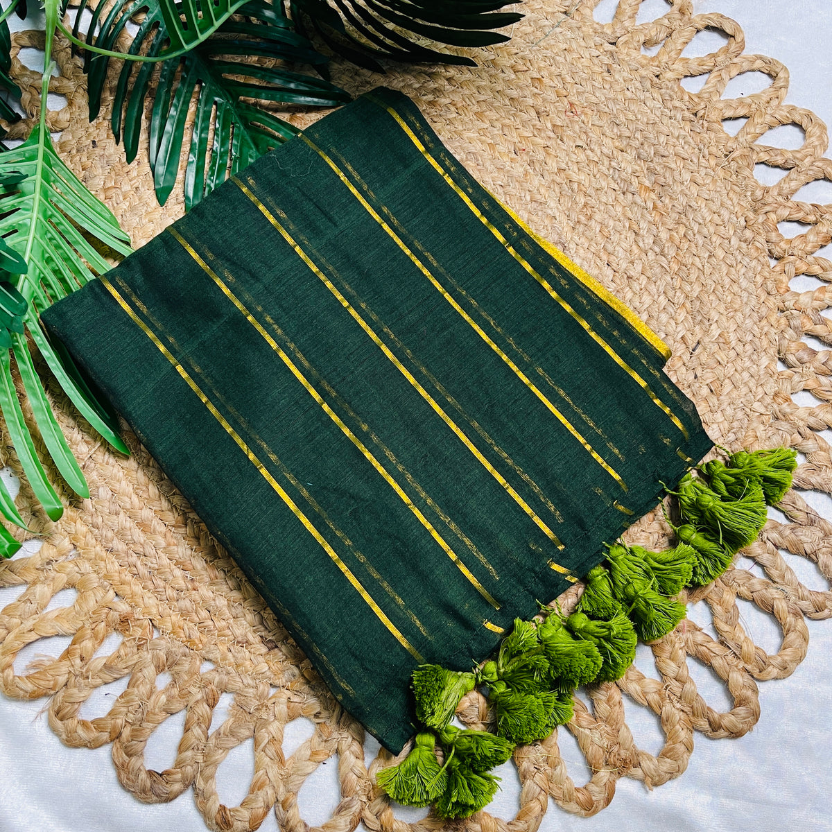 HARITHA🌿✨BOTTLE GREEN WITH GOLDEN STRIPES MUL COTTON SAREE (SU 815)