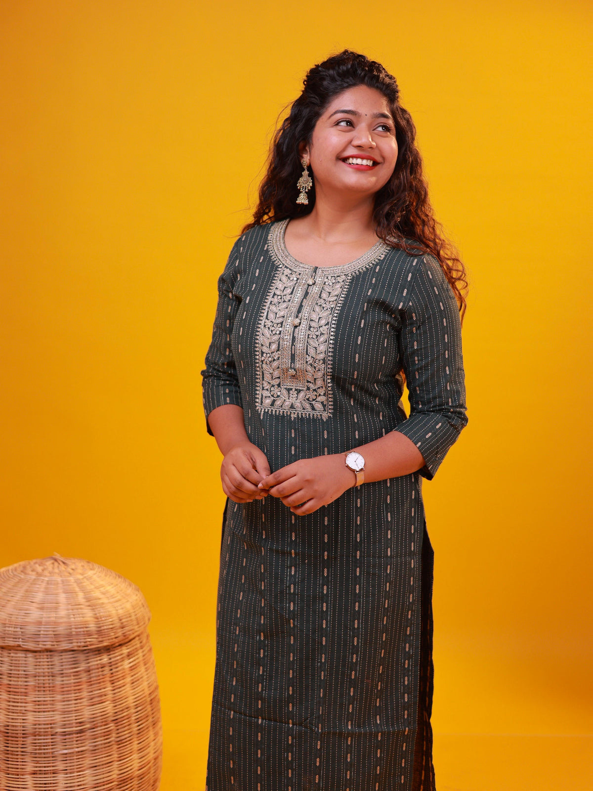 Green & Golden Embroidered Straight Kurti with Neck Detailing