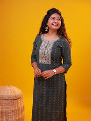Green & Golden Embroidered Straight Kurti with Neck Detailing