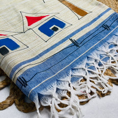 BLUE HAMLET🏠💙OFF WHITE WITH LIGHT BLUE HAND PAINTED KHADI COTTON SAREE (SU 836)