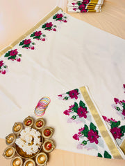 Magenta lotus printed cotton saree - Traditional wear