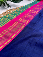 NAVARATNA🌺✨DARK BLUE WITH RANI PINK GOLDEN ZARI BORDER MUL COTTON SAREE (SU 831)