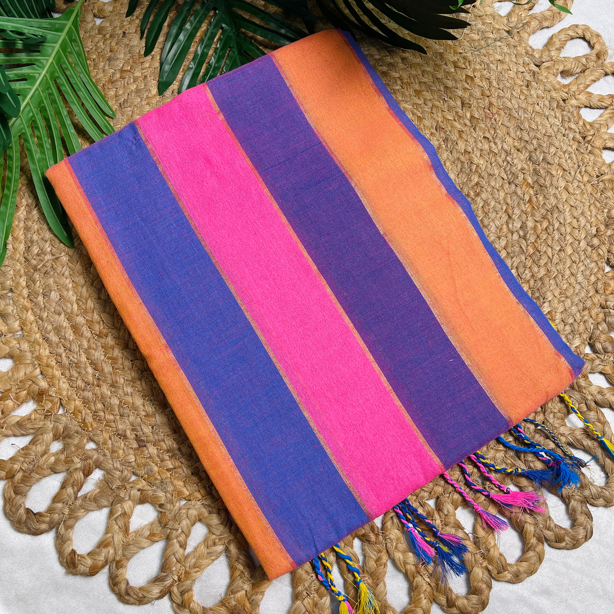 TRIVENI💜🩷 MULTICOLOURED STRIPES DESIGN KHADI COTTON SAREE (SU 824)