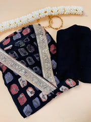Black kurtha with golden V neck