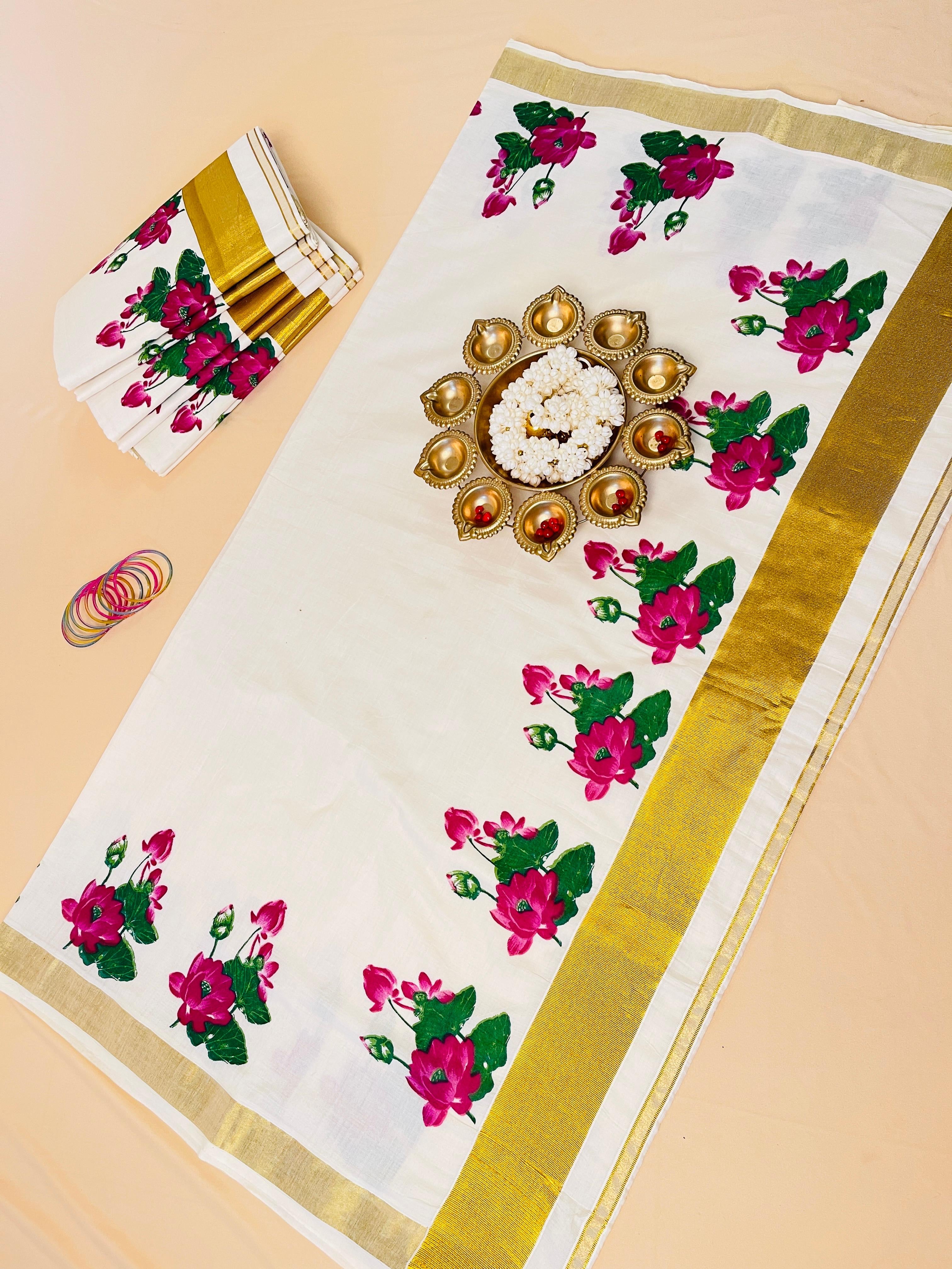 Magenta lotus printed cotton saree - Traditional wear
