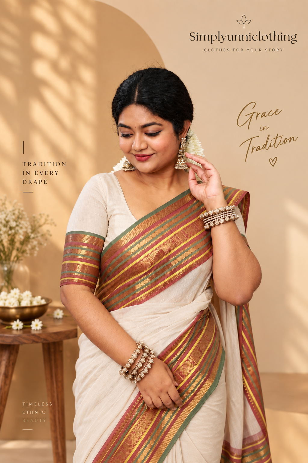 മംഗല്യ✨🌿 Biege with Green & Maroon Soft Mulcotton Saree (SU 902)