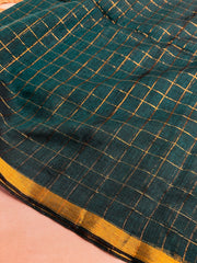 THARA🦚✨PEACOCK GREEN WITH GOLD ZARI CHECKS MUL COTTON SAREE (SU 870)