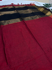 MADHURI🌺MAROON & BLACK WITH GOLD ZARI BORDER KHADI MUL COTTON SAREE ( SU 846)