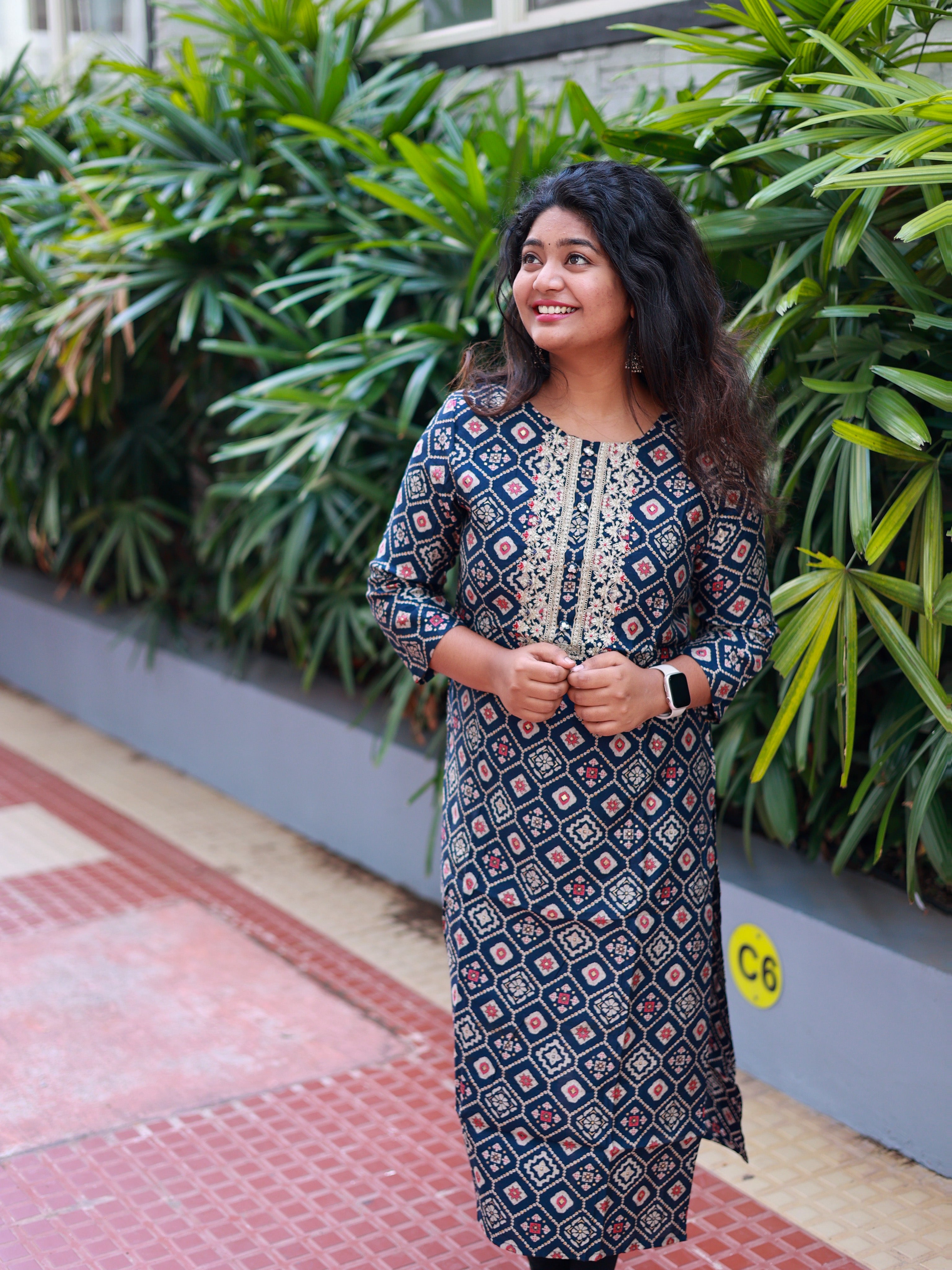 Navy blue with red print Kurtha Top -  Casual Wear