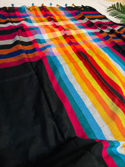 THIRA🌺✨BLACK WITH MULTICOLOURED STRIPES KHADI MUL COTTON SAREE (SU 854)