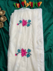 KAMALA embroiderypurple lotus off white mul cotton saree (SU 805)