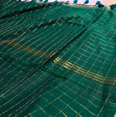 THULASI🍃✨BOTTLE GREEN WITH GOLDEN CHECKS SOFT MULCOTTON SAREE (SU 818)