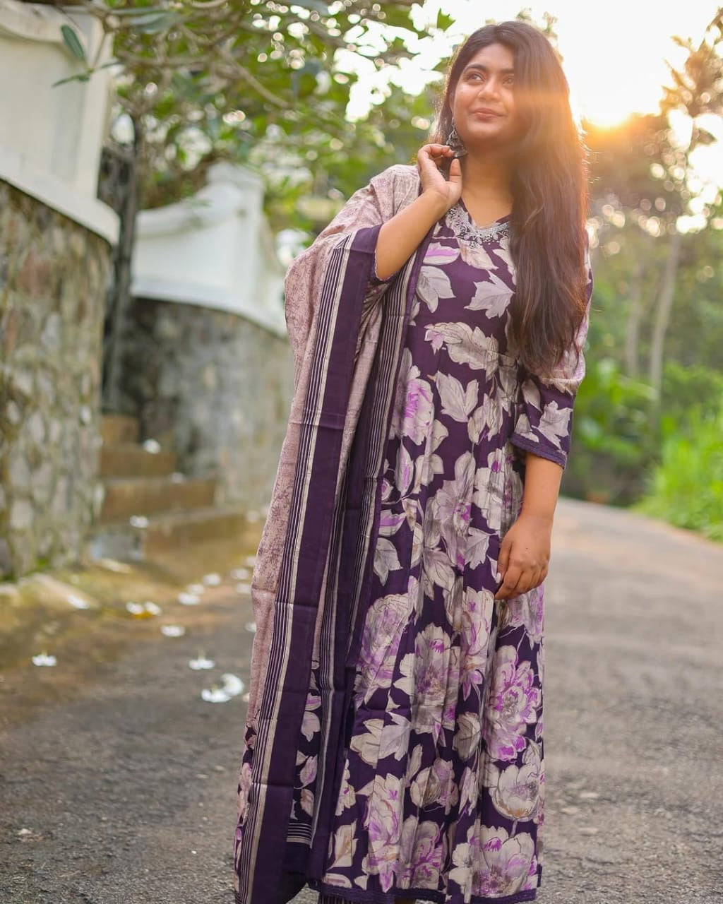 Grape wine with brown floral (Top,pants and Dupatta)
