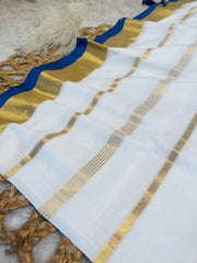 NEELAKSHI 💙✨ TRADITIONAL KASAVU WITH BLUE BORDER & GOLDEN STRIPES MUL COTTON SAREE (SU 893)