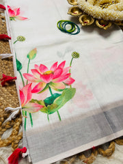 Silver Border White Linen Saree with Lotus Print