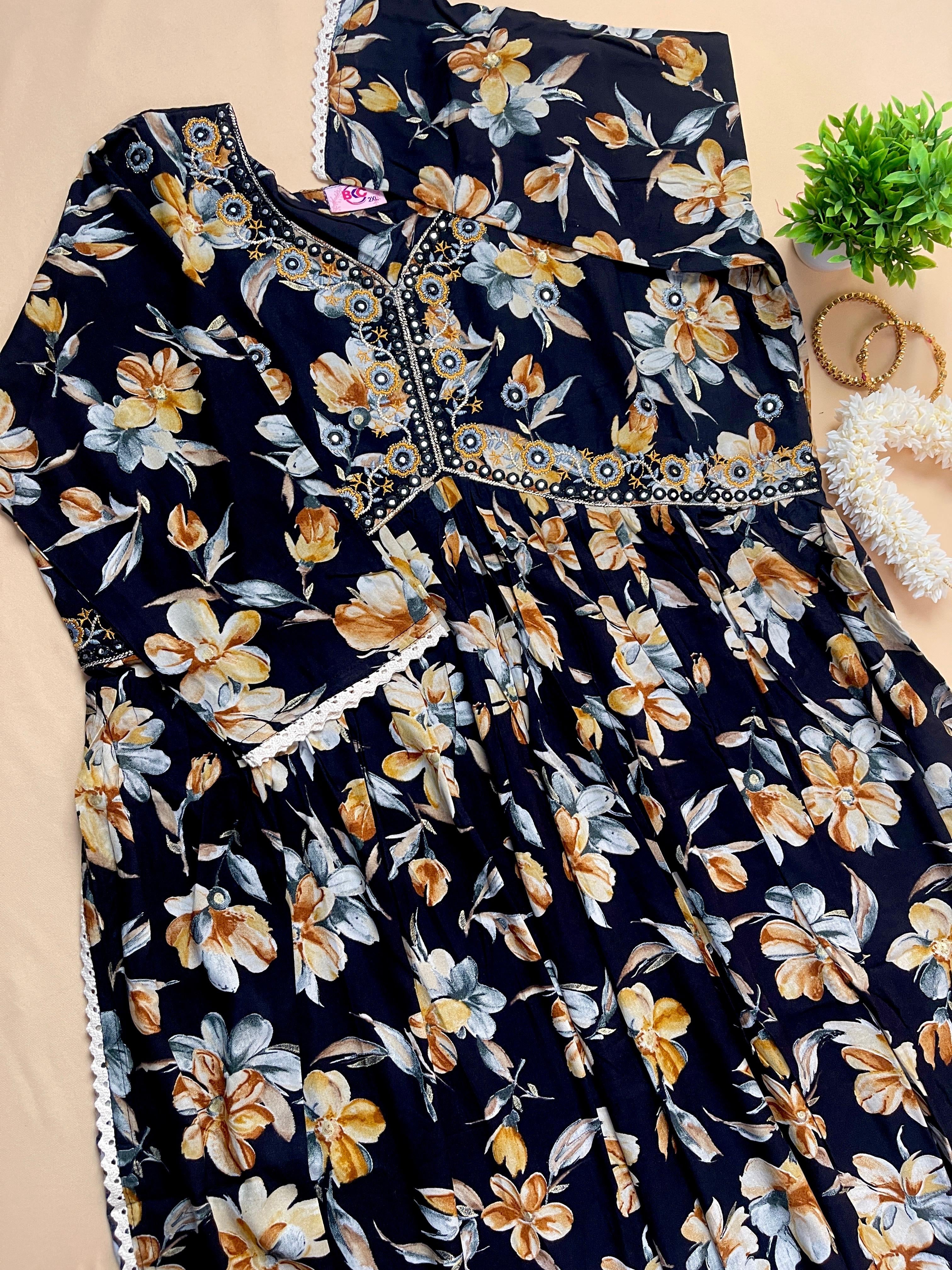 Black Floral Kurtha Top - SU 82