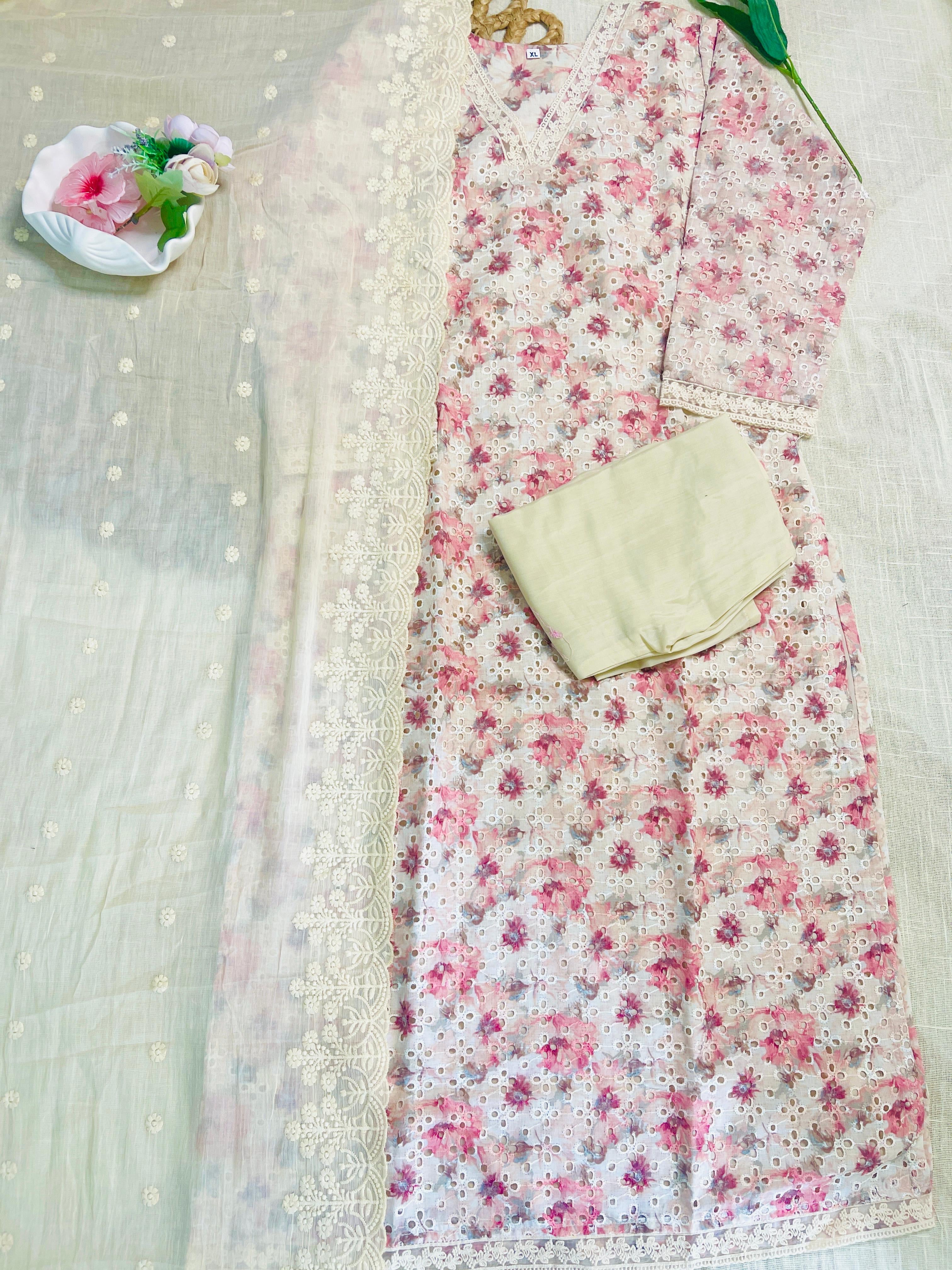Floral pink cream mix kurta set( including pants & dupatta)